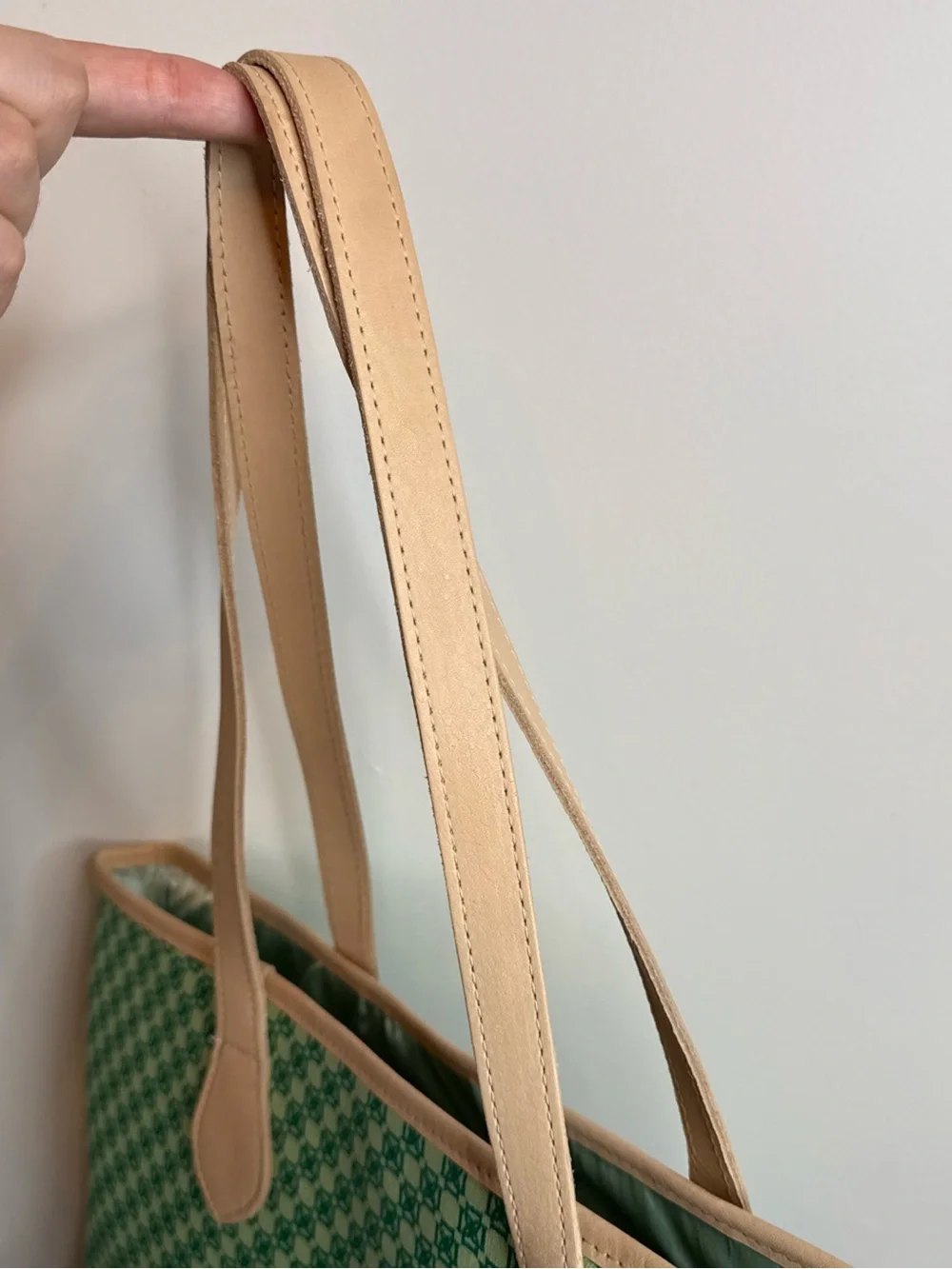 Dominie Green Patterned Tote with Tan Trim and Straps